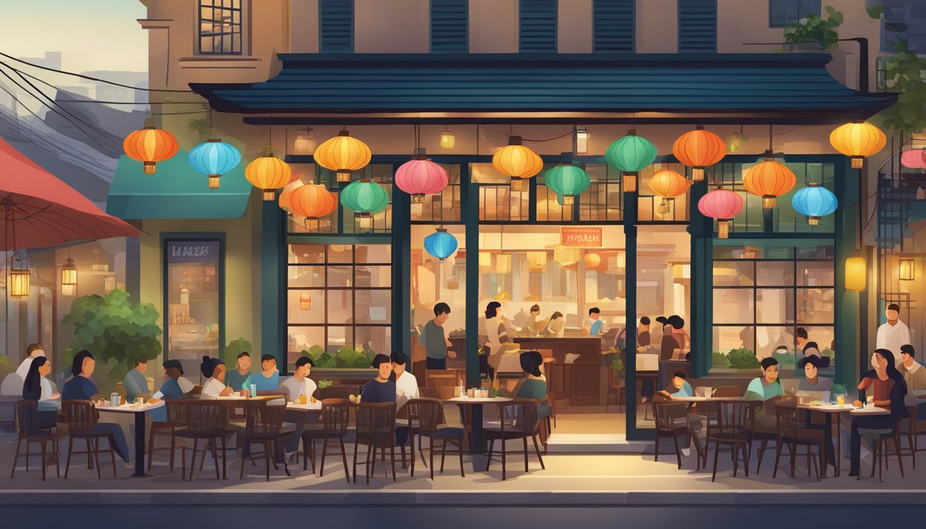A bustling restaurant with colorful lanterns, outdoor seating, and a sign that reads "Little Hanoi Restaurant."