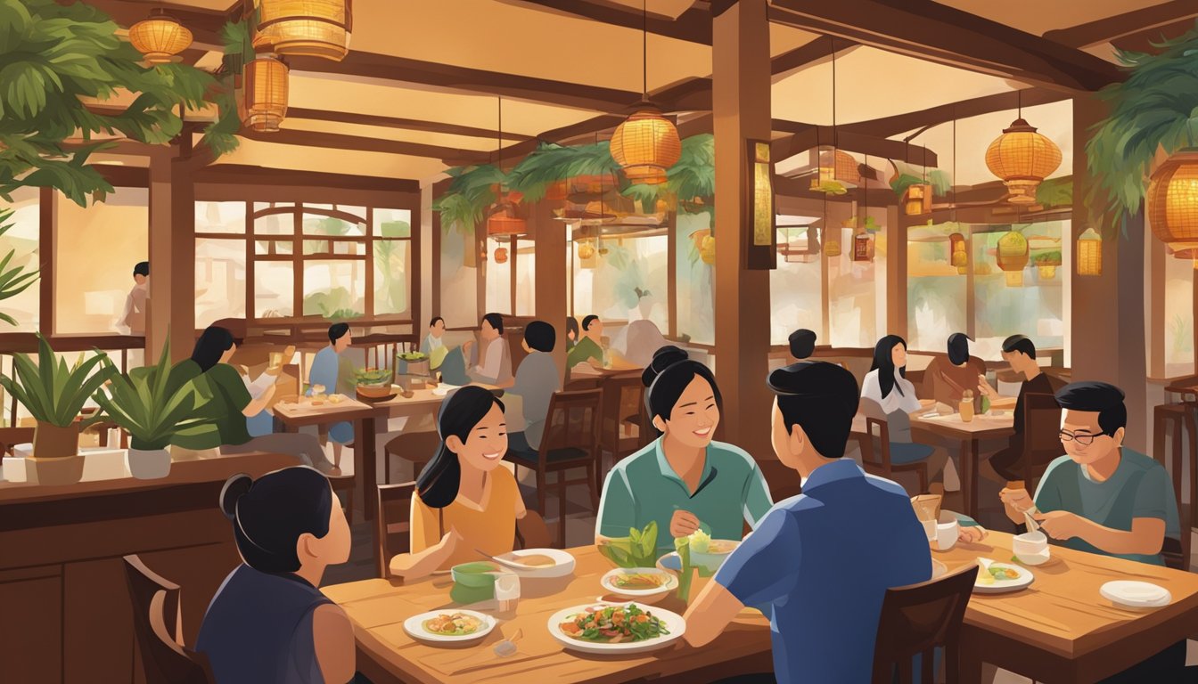 Customers enjoy authentic Vietnamese dishes in a cozy, bustling restaurant adorned with traditional décor and warm lighting