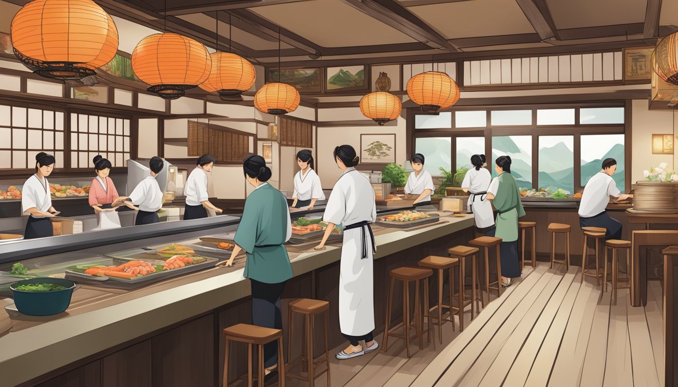A bustling Nara Japanese restaurant with traditional decor, low tables, and paper lanterns. Sushi chefs prepare fresh fish behind the counter