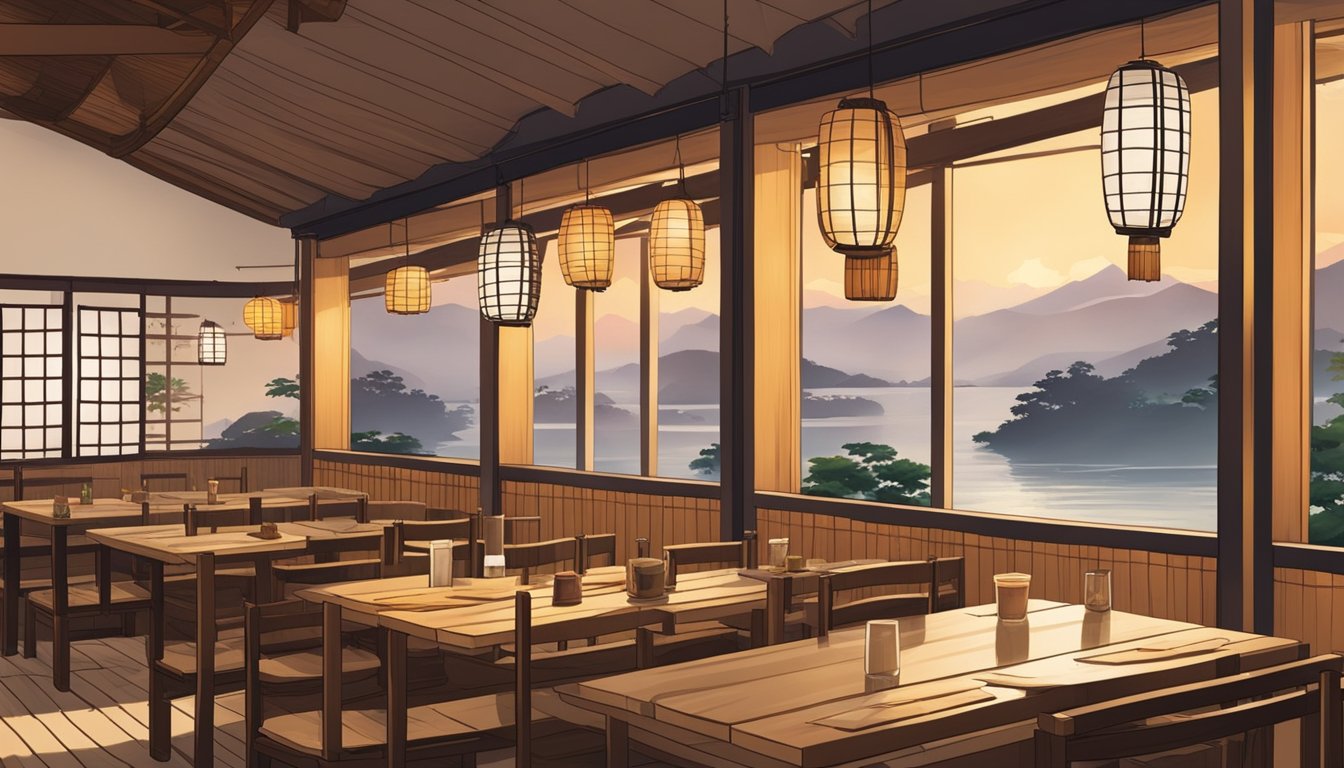A traditional Japanese restaurant with wooden tables, paper lanterns, and a sushi bar. The aroma of sizzling tempura and steaming ramen fills the air