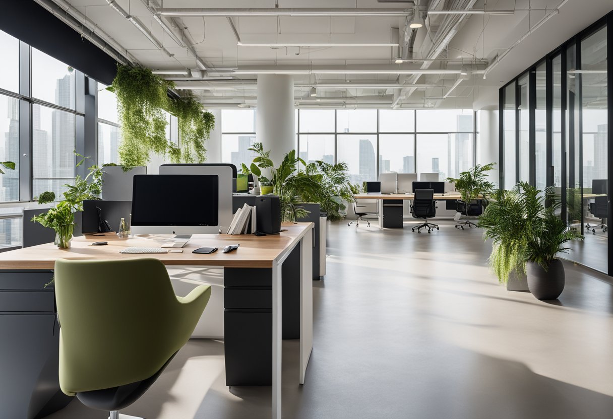 A sleek, modern office with floor-to-ceiling windows, minimalist furniture, and pops of greenery. The space is flooded with natural light, creating a serene and inviting atmosphere