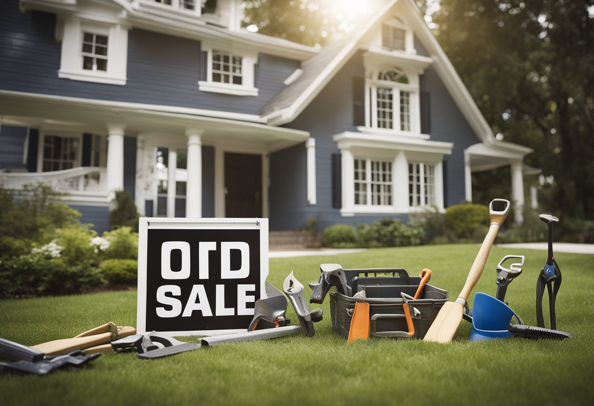 A house being renovated with tools and materials scattered around, a "For Sale" sign in the front yard, and a real estate agent showing the property to potential buyers
