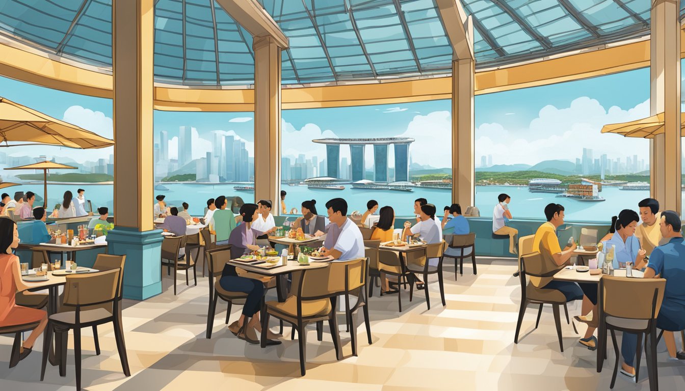 The Marina Bay Sands hotel restaurants bustle with diners enjoying a variety of cuisines, overlooking the stunning cityscape and waterfront