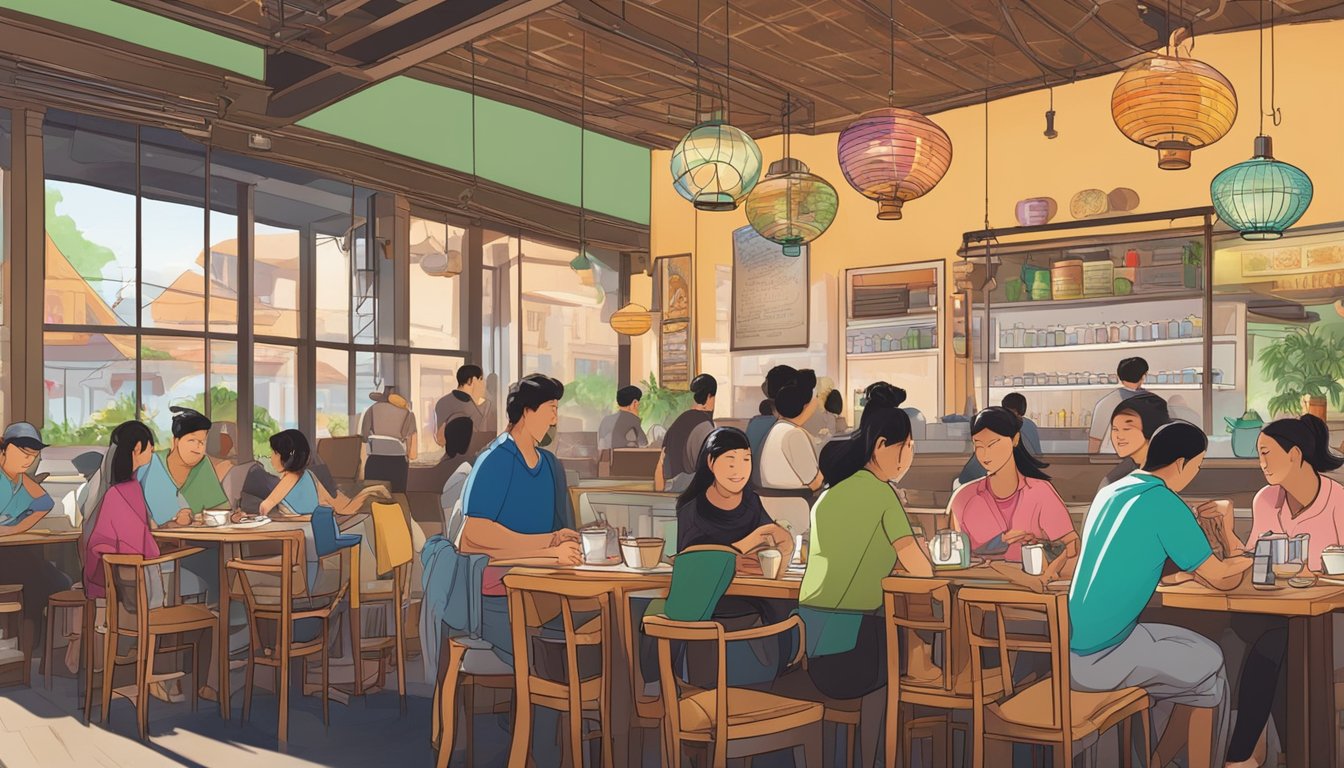 A bustling restaurant with colorful decor, steaming bowls of pho, and customers chatting happily at tables