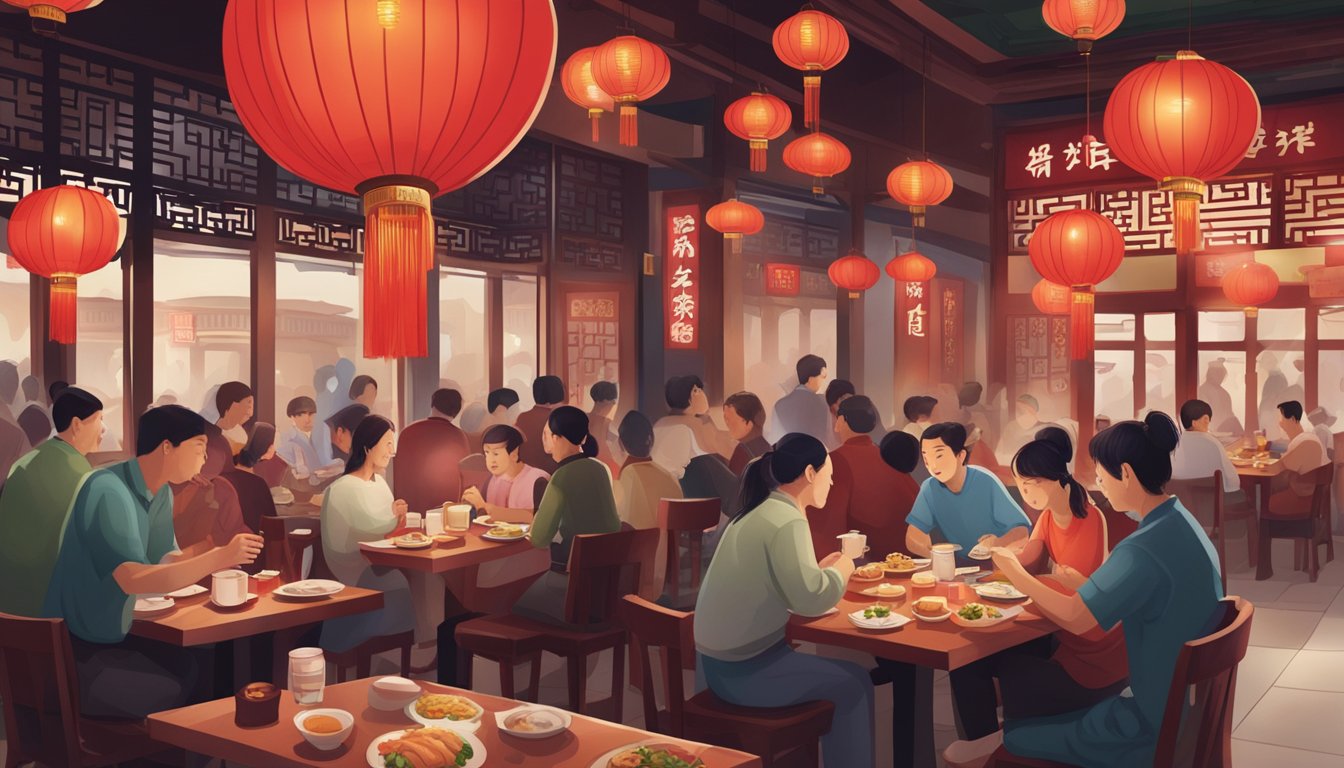 A bustling Chinese restaurant with red lanterns, steaming dumplings, and diners chatting happily