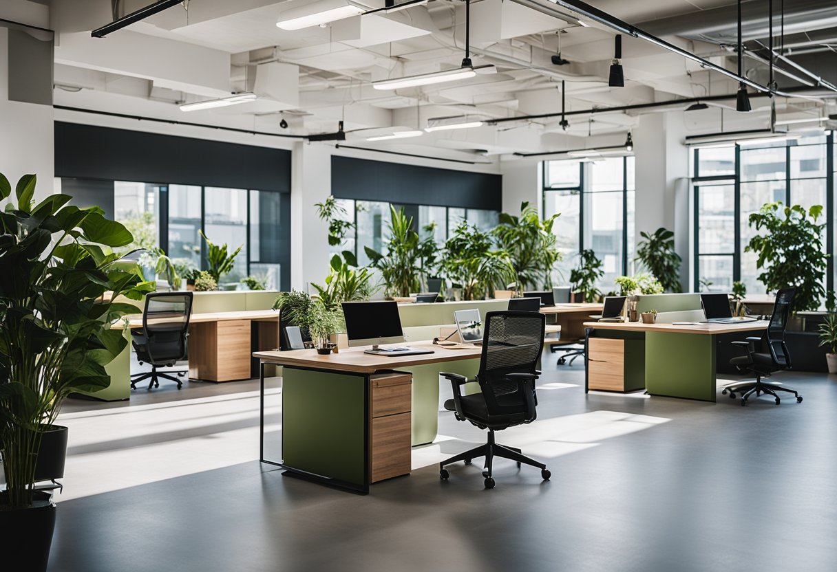 A spacious office with natural light, modern furniture, and vibrant plants creating a peaceful and productive atmosphere