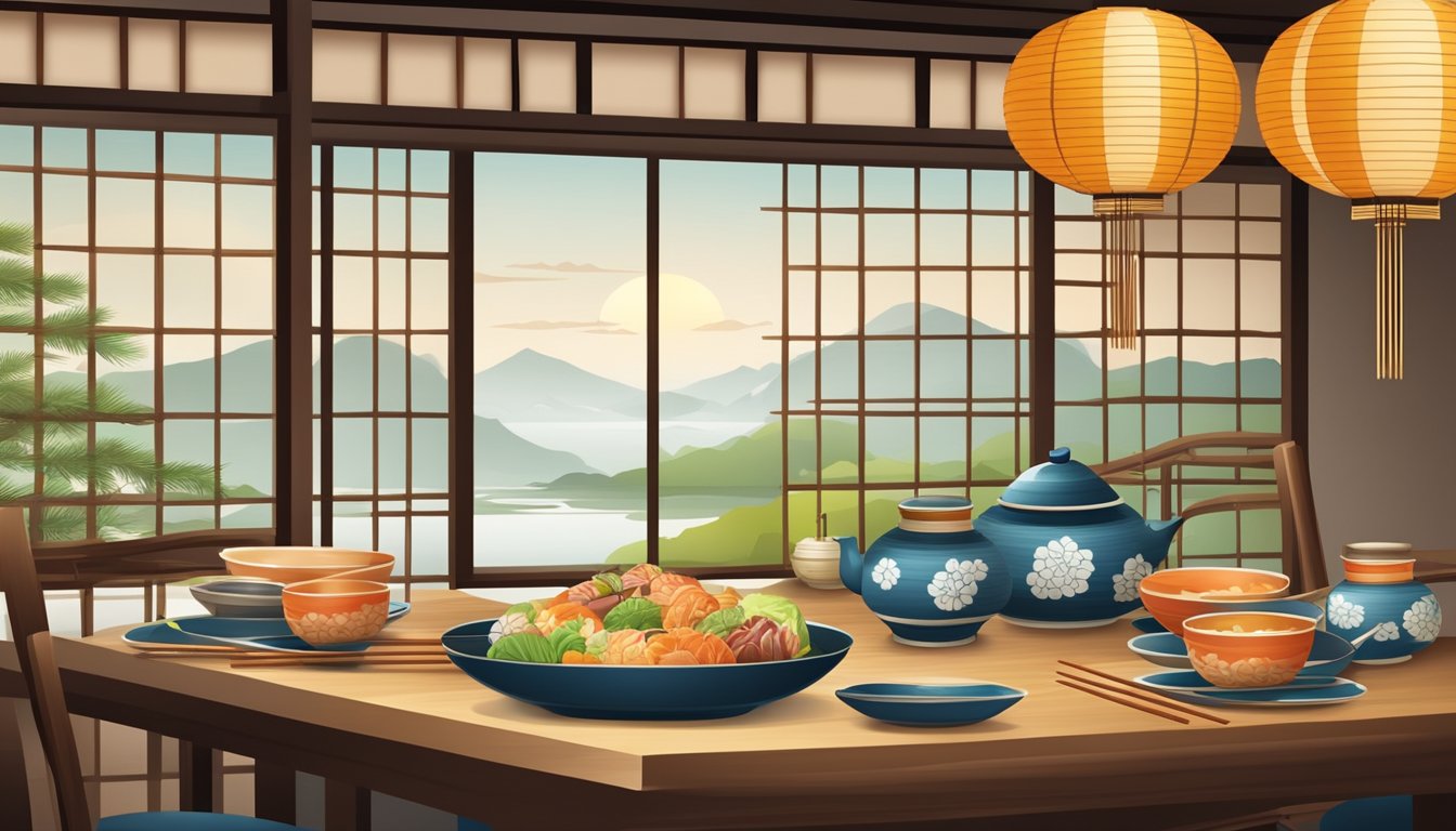 A traditional Japanese dining table set with elegant dishes and chopsticks, surrounded by paper lanterns and bamboo decorations