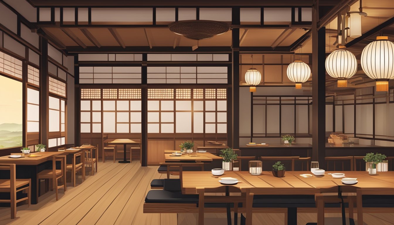 A traditional Japanese restaurant with wooden decor, paper lanterns, and a sushi bar. Customers enjoy their meals at low tables with floor seating