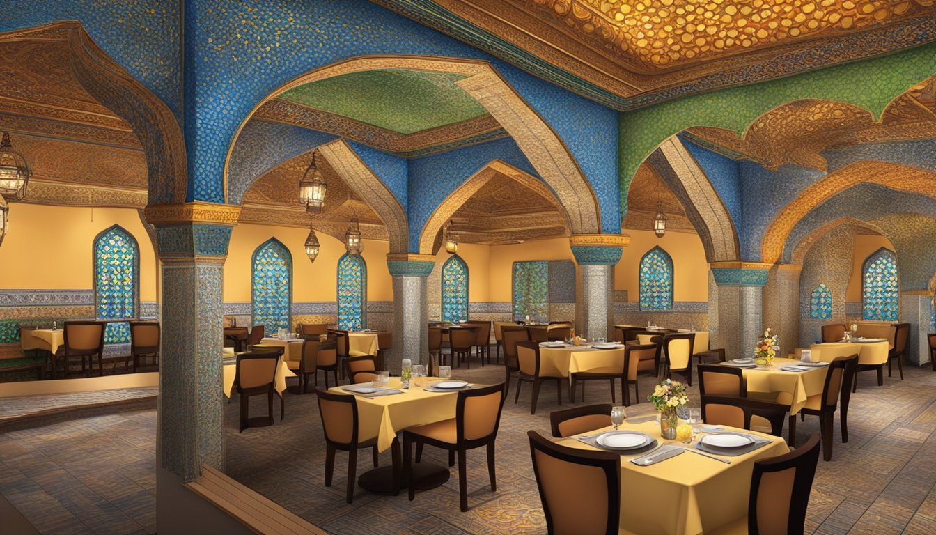 The Moghul Mahal restaurant's ornate arches and colorful mosaic tiles create a vibrant and inviting atmosphere. The scent of exotic spices fills the air as diners enjoy traditional Indian cuisine