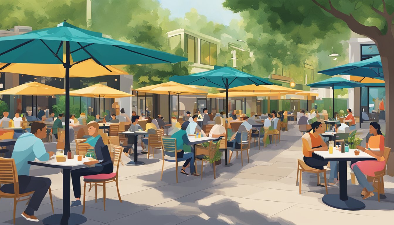 Orchard plaza restaurants bustling with diners and outdoor seating, surrounded by lush greenery and colorful signage
