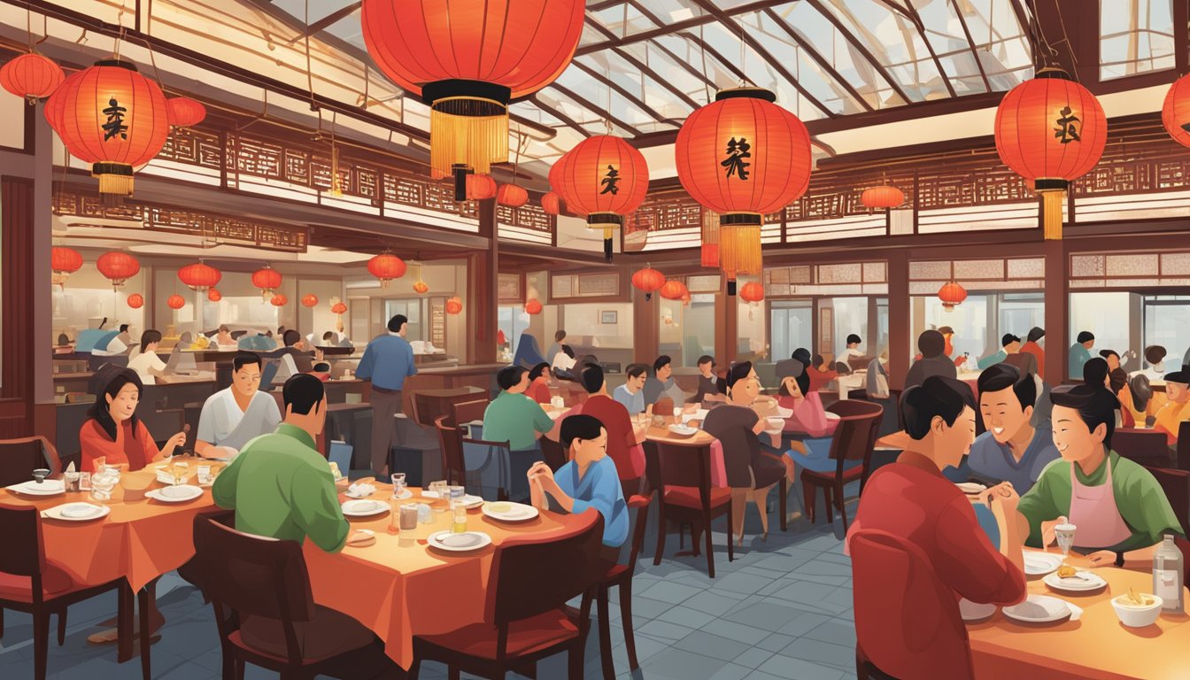The bustling Pan Pacific Chinese restaurant, filled with red lanterns and the aroma of sizzling stir-fry dishes, with diners chatting and chopsticks clinking