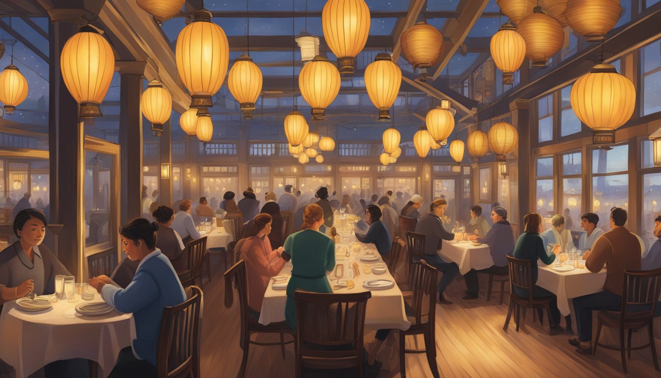 The Portsdown Road restaurant bustles with diners enjoying their meals under the warm glow of hanging lanterns, while servers weave through the tables, delivering plates of steaming food