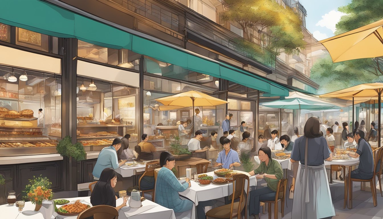 Orchard Plaza bustles with diverse culinary delights, from sizzling street food stalls to elegant fine dining restaurants. The aroma of spices and sizzling meats fills the air, as patrons sample dishes from around the world