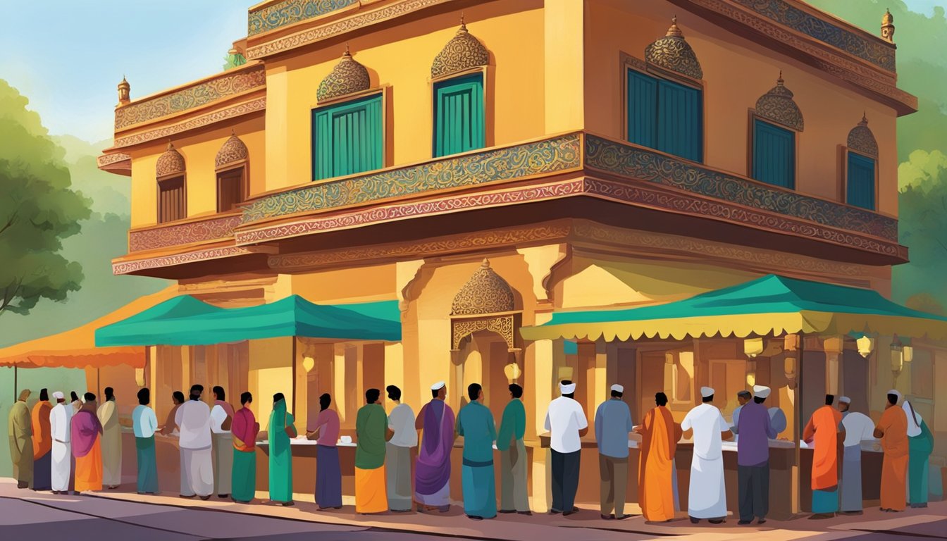 Customers line up outside Moghul Mahal restaurant, eagerly waiting to enter. The aroma of sizzling spices and savory dishes fills the air. The vibrant colors of the decor and the bustling atmosphere create an inviting scene