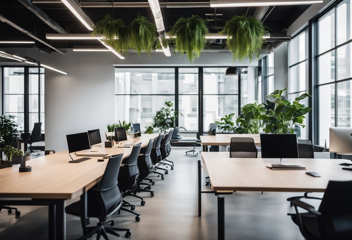 A modern office with sleek furniture, large windows, and vibrant plants. Clean lines and a minimalist aesthetic create a spacious and inviting atmosphere