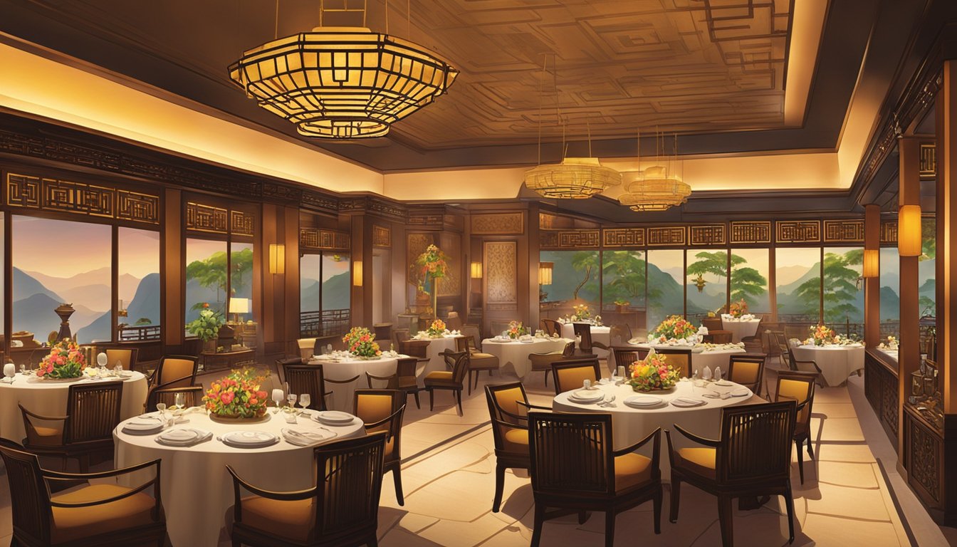 A lavish dining room with ornate Chinese decor, dim lighting, and elegant table settings. The aroma of sizzling woks and savory spices fills the air, while diners enjoy a sumptuous feast of traditional Pan Pacific cuisine
