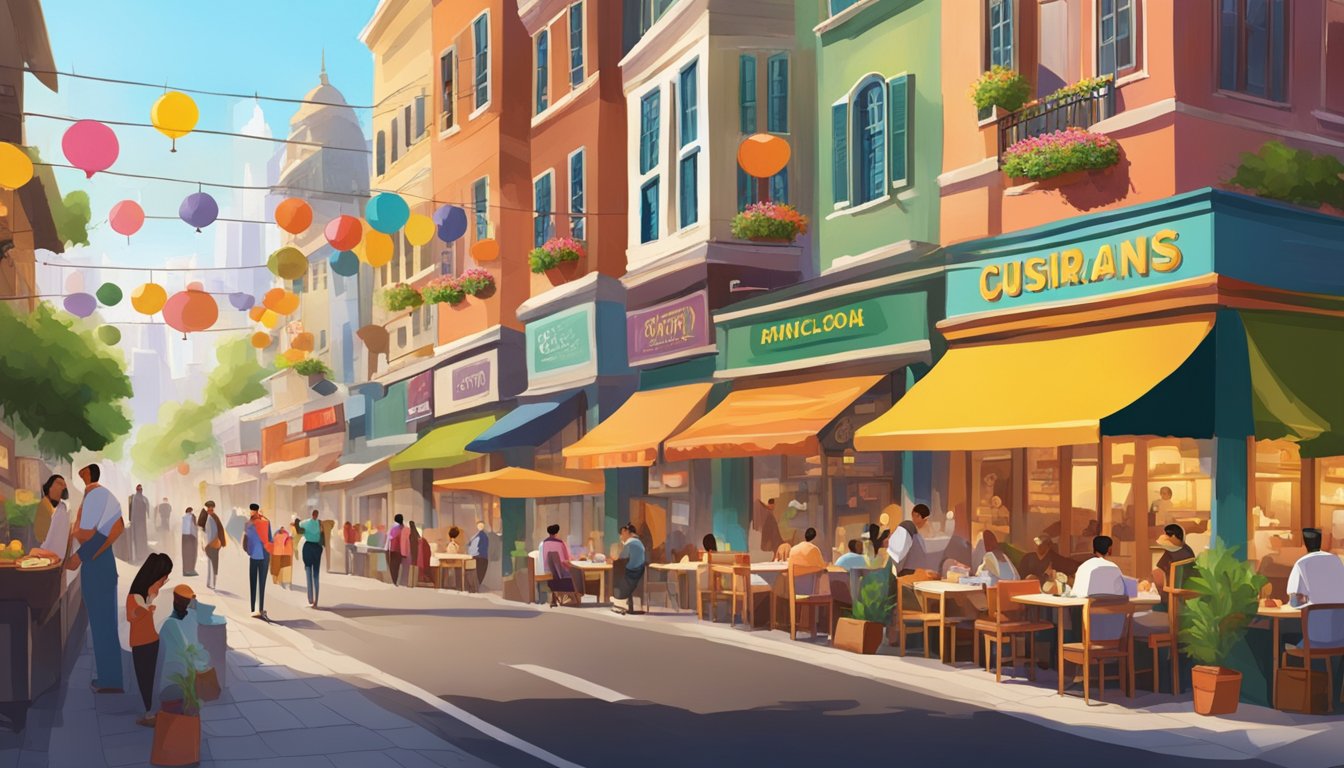 A bustling street lined with diverse restaurants, colorful signage, and bustling crowds. The aroma of various cuisines fills the air, creating a vibrant and lively atmosphere