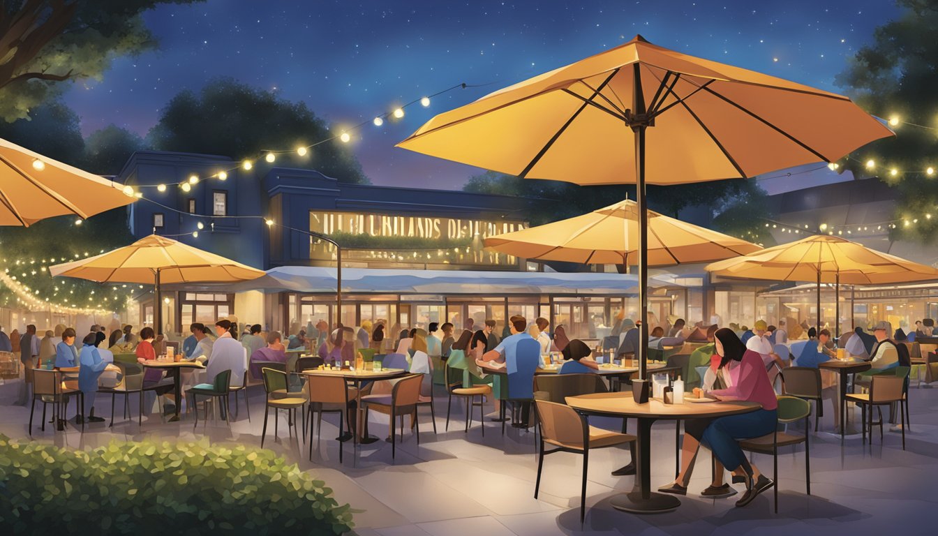 The bustling Orchard Plaza restaurants feature a variety of cuisines and outdoor seating. Customers dine and chat under twinkling lights and colorful umbrellas