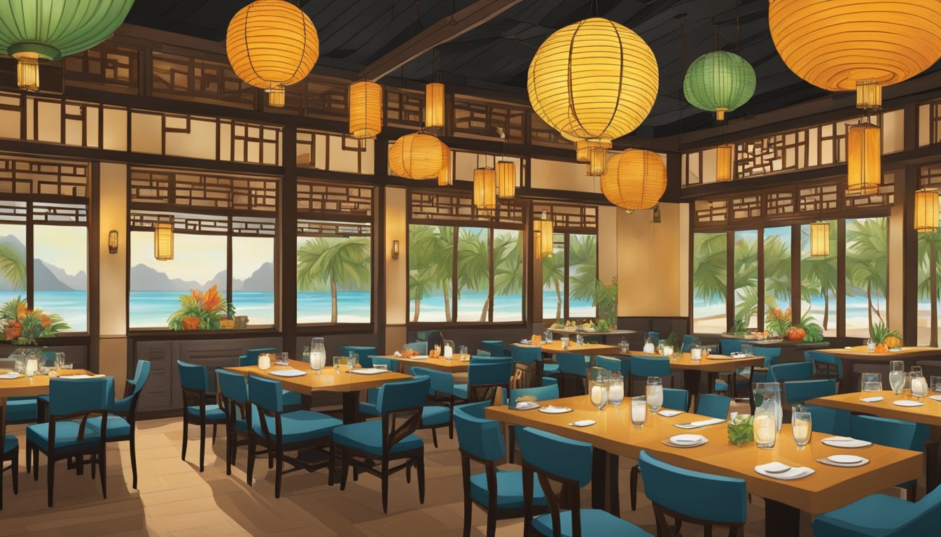 The restaurant buzzes with a fusion of Chinese and Pacific Island decor. Lanterns and bamboo accents adorn the space, while a mix of traditional Chinese and Pacific Islander cuisine is showcased in the vibrant display of dishes