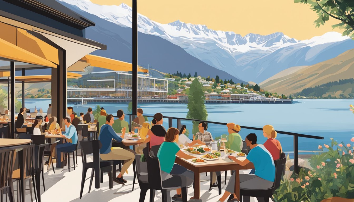 Diners savor diverse cuisines at bustling Queenstown eateries. Outdoor seating overlooks stunning lake and mountain views