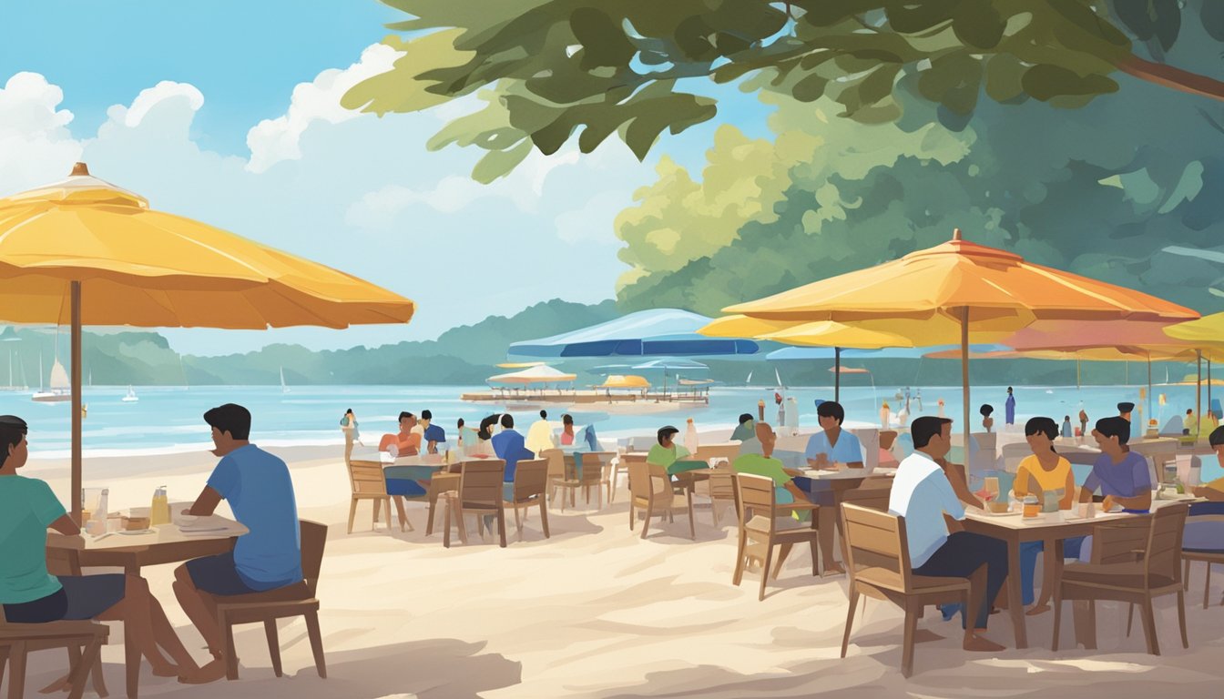 People enjoying beachside dining at Pasir Ris, with colorful umbrellas, tables, and chairs set up on the sandy shore. Waves gently lapping at the edge of the beach, creating a serene and inviting atmosphere