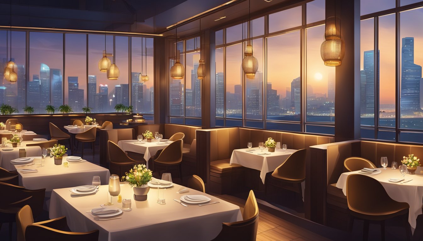The restaurant in Singapore exudes a cozy and inviting ambience with warm lighting, elegant decor, and a stunning view of the city skyline
