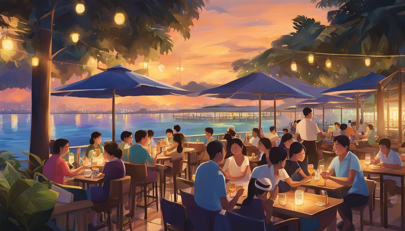 The beachside restaurant at Pasir Ris is alive with activity, as people raise their glasses in a toast to the vibrant nightlife. The warm glow of the lights reflects off the water, creating a picturesque scene