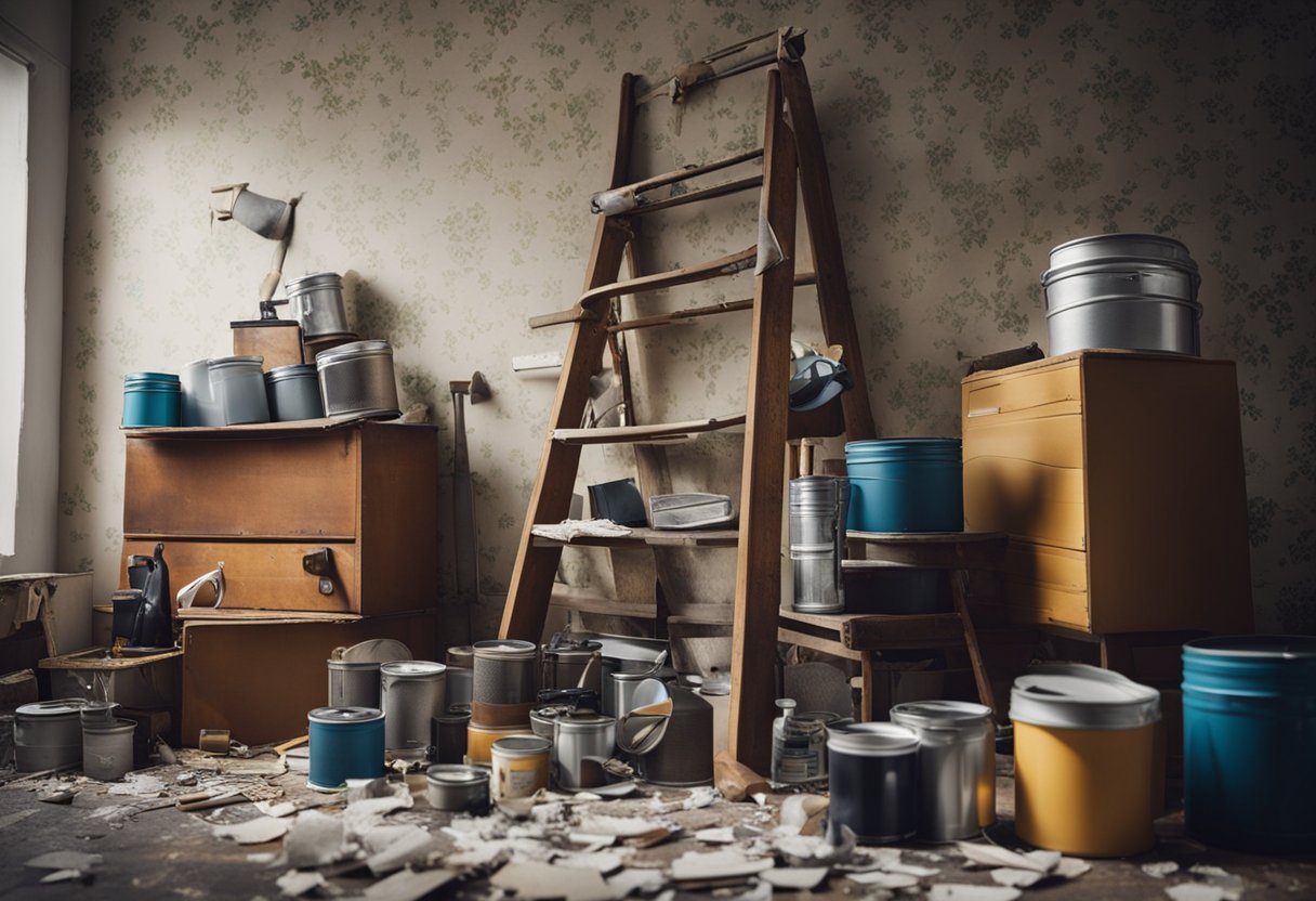 A cluttered room with peeling wallpaper and outdated furniture. Tools and paint cans scattered around, with a ladder leaning against the wall