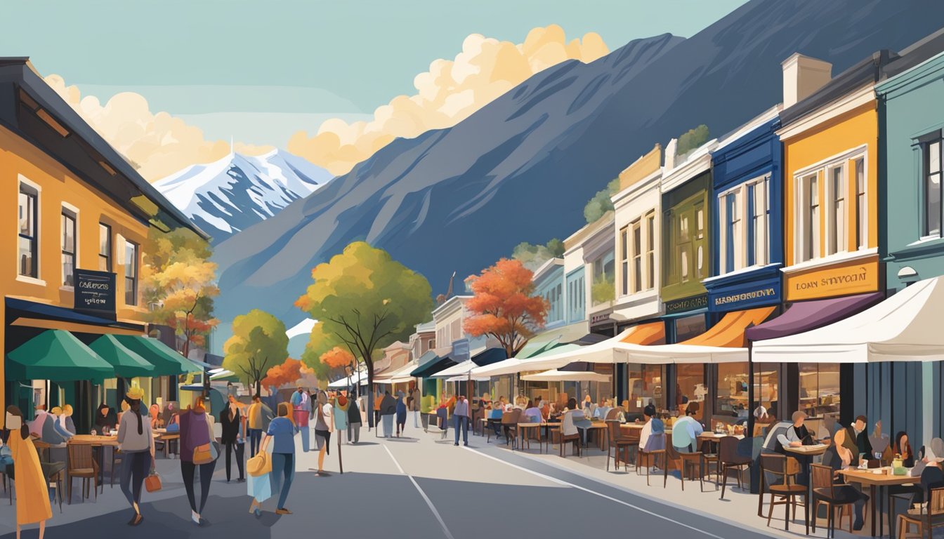 A bustling street lined with diverse restaurants, each emitting tantalizing aromas and vibrant atmospheres, showcasing Queenstown's rich gastronomic experiences