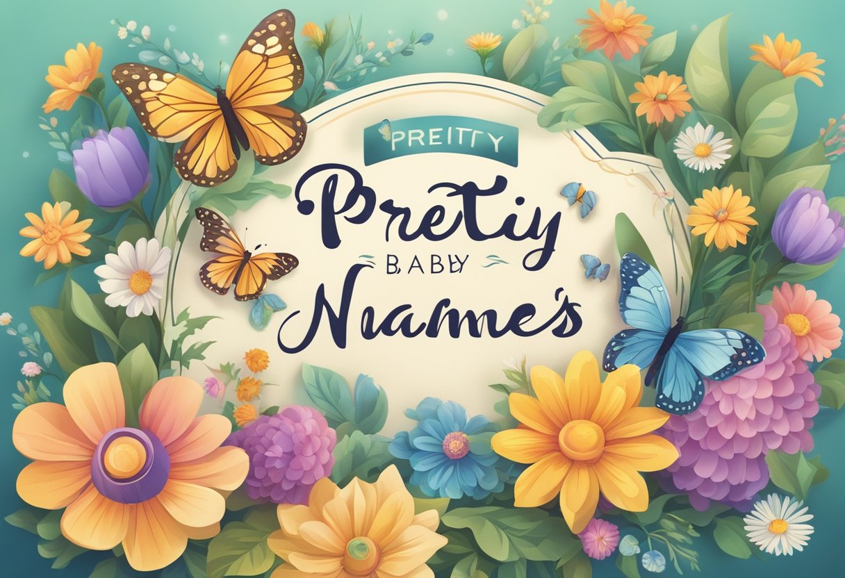 Colorful flowers and butterflies surround a whimsical sign with "pretty and unique baby names" written in elegant script