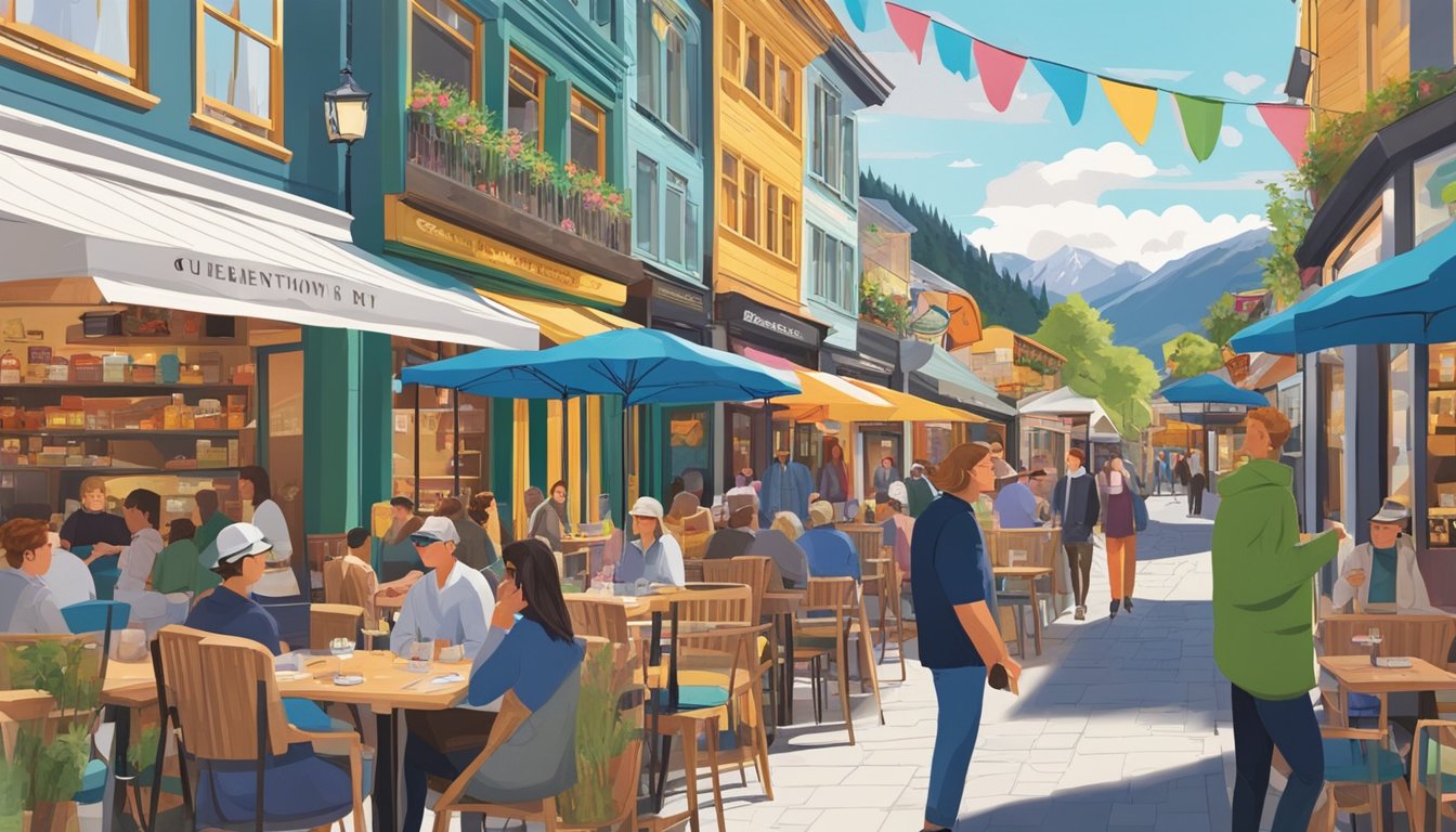 A bustling street in Queenstown, with colorful restaurant signs and outdoor seating. People walking by, glancing at menus and chatting with waitstaff