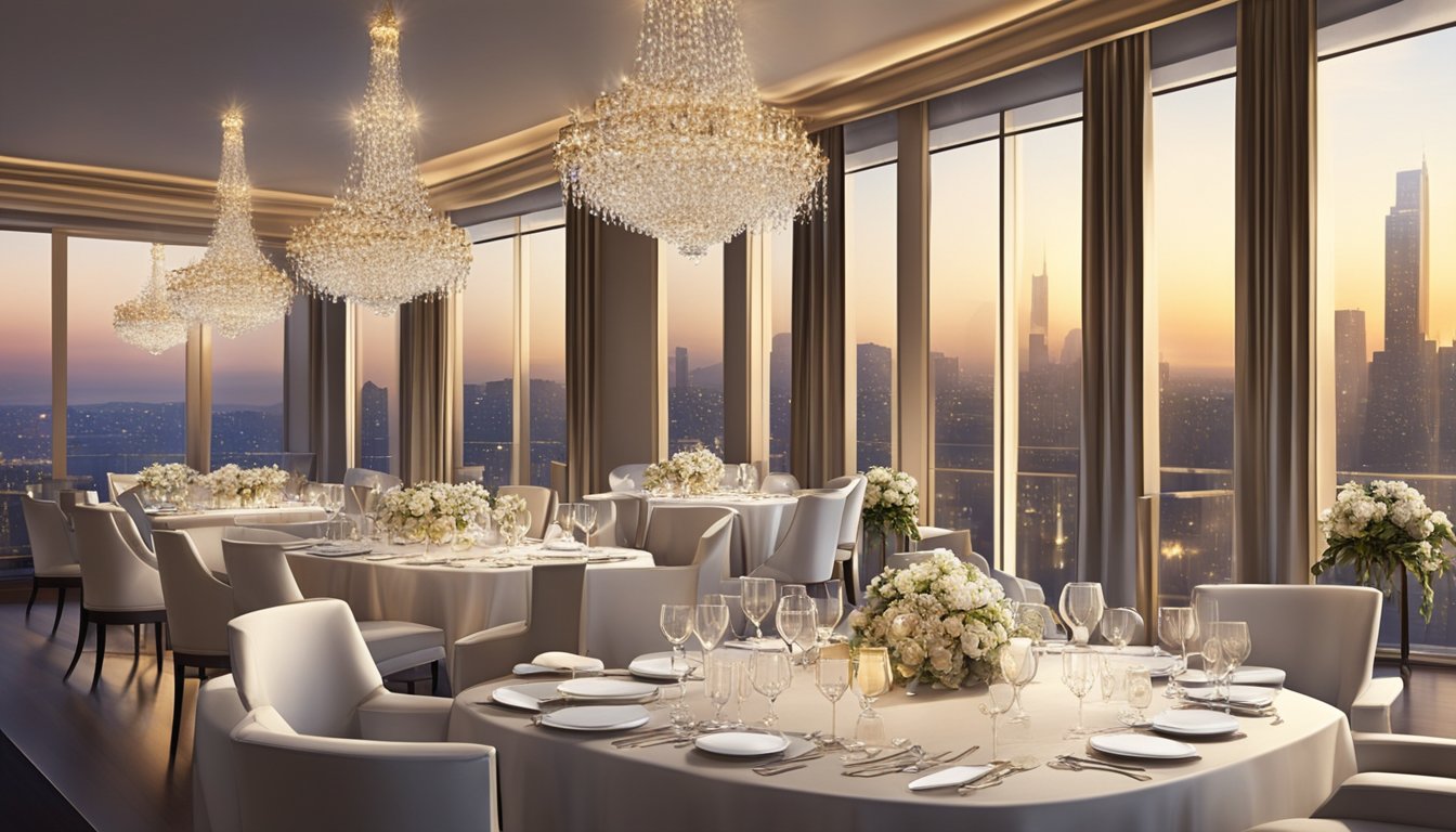 A luxurious dining room with soft lighting, elegant decor, and panoramic views of the city skyline. Tables are adorned with fine linens and sparkling glassware, creating an atmosphere of sophistication and refinement