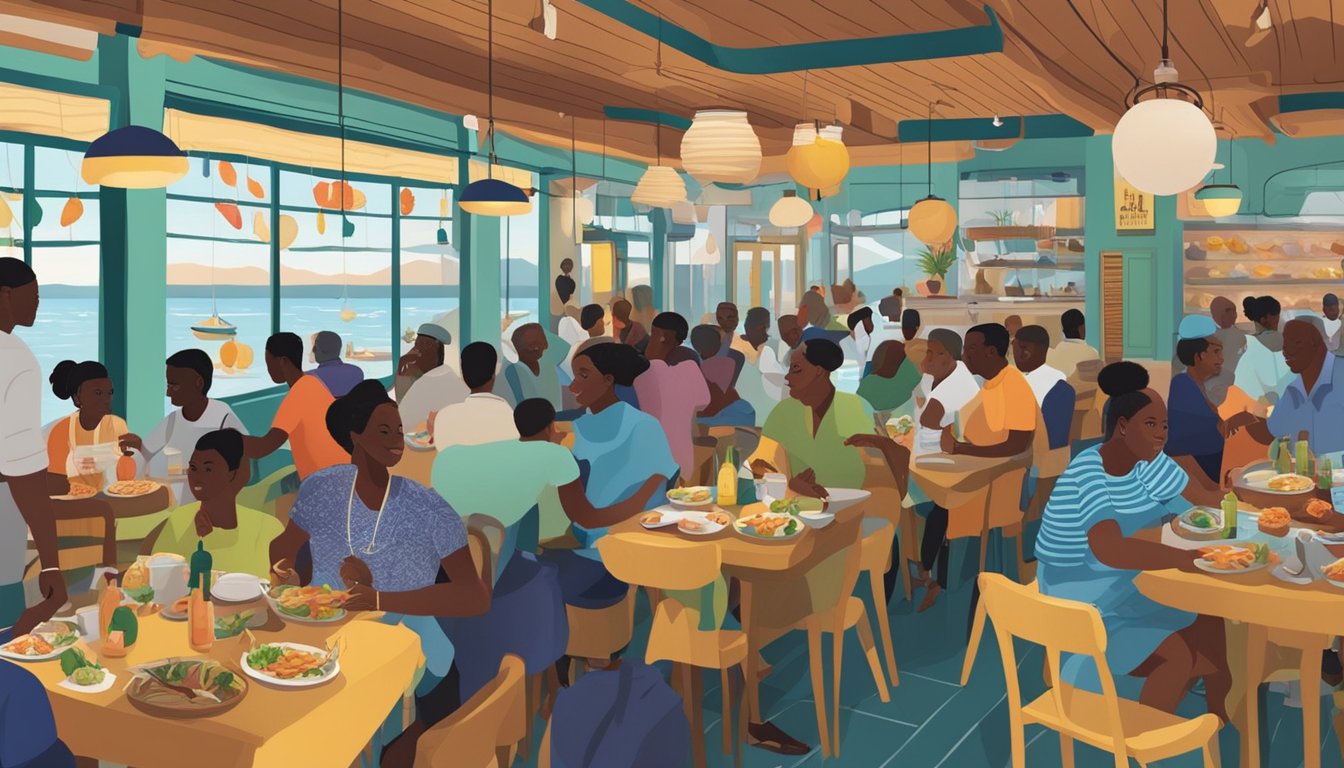 A bustling seafood restaurant in Cameroon, with colorful decor and a lively atmosphere. Tables are filled with patrons enjoying fresh seafood dishes and sipping on cold drinks