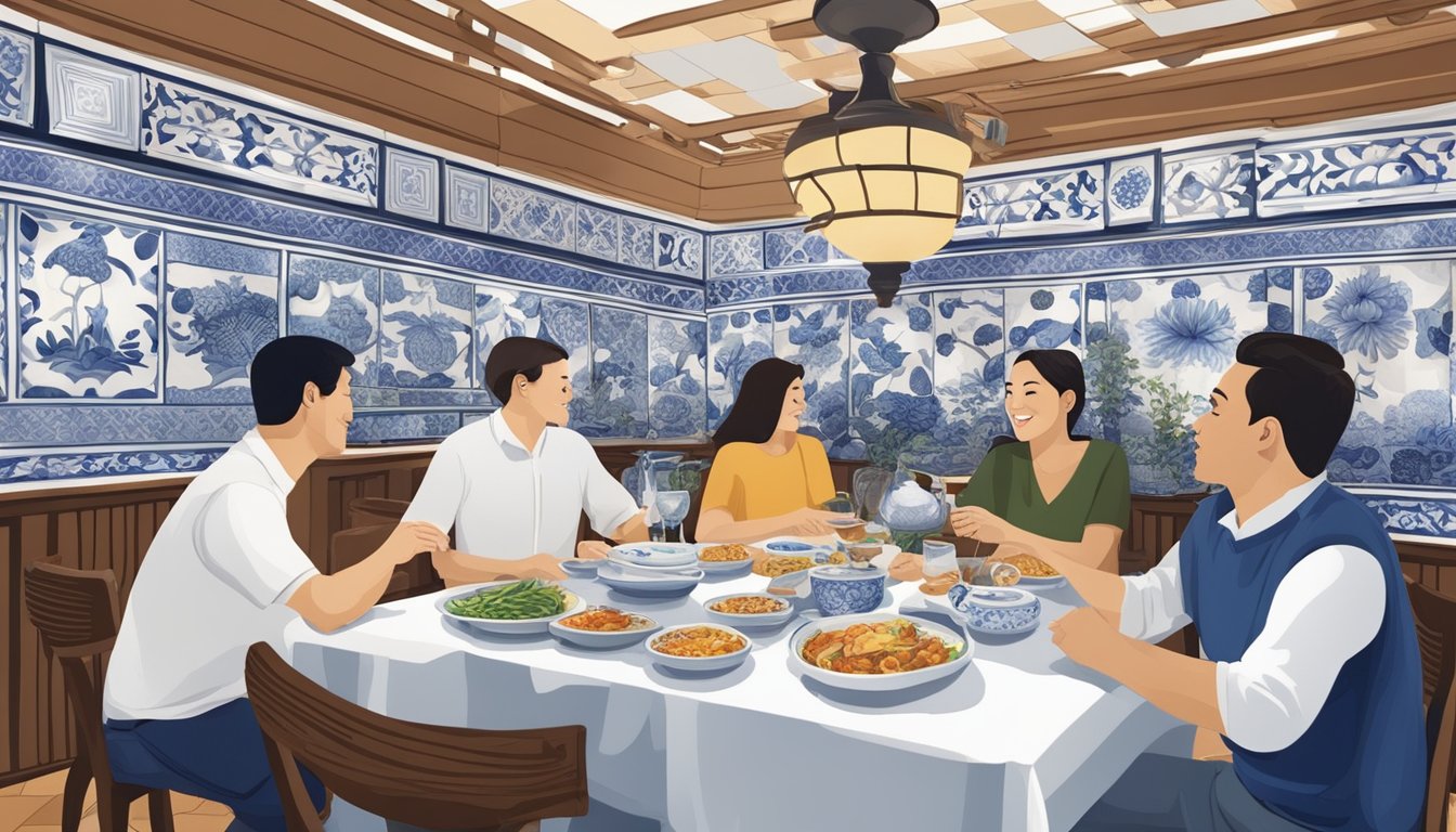 Customers savoring traditional Portuguese dishes in a cozy Singapore restaurant. Decor features blue and white azulejos tiles, while the aroma of spices fills the air