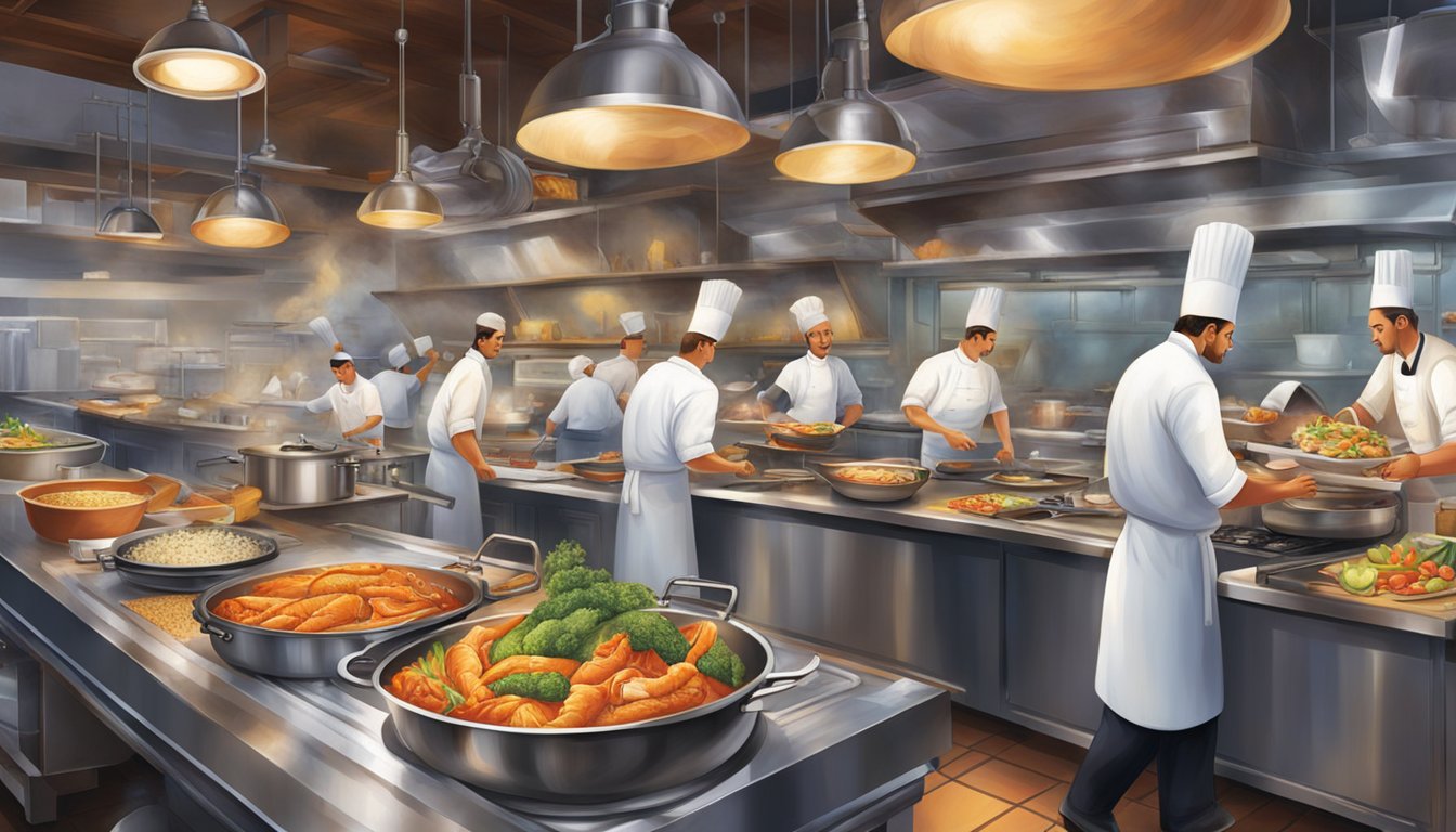 The bustling restaurant kitchen sizzles with the aroma of freshly caught seafood and exotic spices, as chefs expertly prepare colorful and flavorful dishes for eager diners
