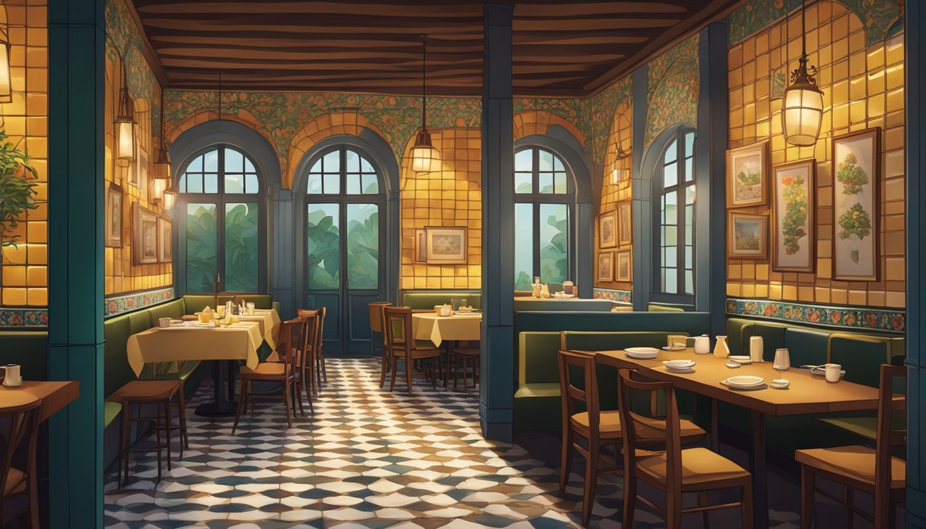 A cozy, dimly lit Portuguese restaurant in Singapore, with traditional tiled walls, wooden tables, and a display of colorful ceramic dishes