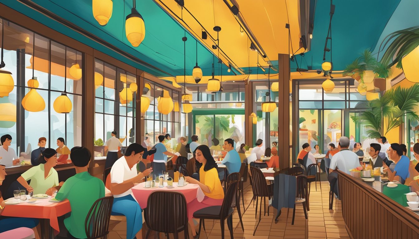 A bustling Portuguese restaurant in Singapore, with colorful decor, lively music, and the aroma of traditional dishes filling the air