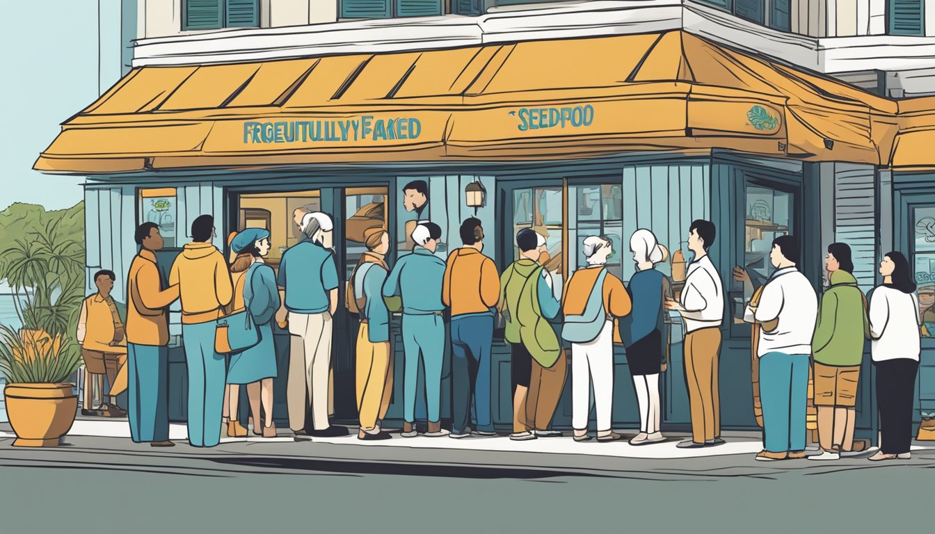 Customers line up outside the vibrant seafood restaurant, eagerly waiting to try the new menu. The sign proudly displays "Frequently Asked Questions" in bold letters, drawing attention to the unique concept