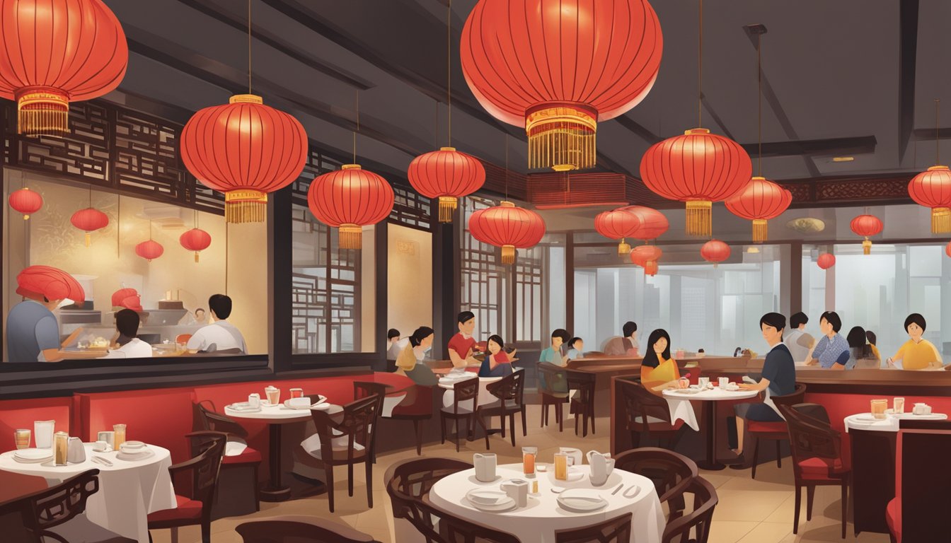 A bustling Chinese restaurant at Ngee Ann City, with red lanterns, round tables, and steaming dishes on lazy susans