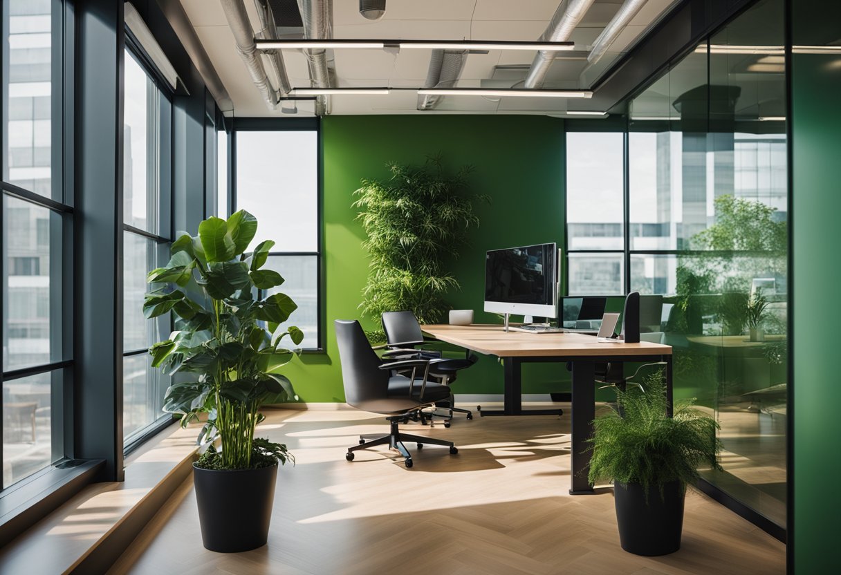 A modern office with a vibrant green wall, sleek furniture, and natural light streaming in through large windows