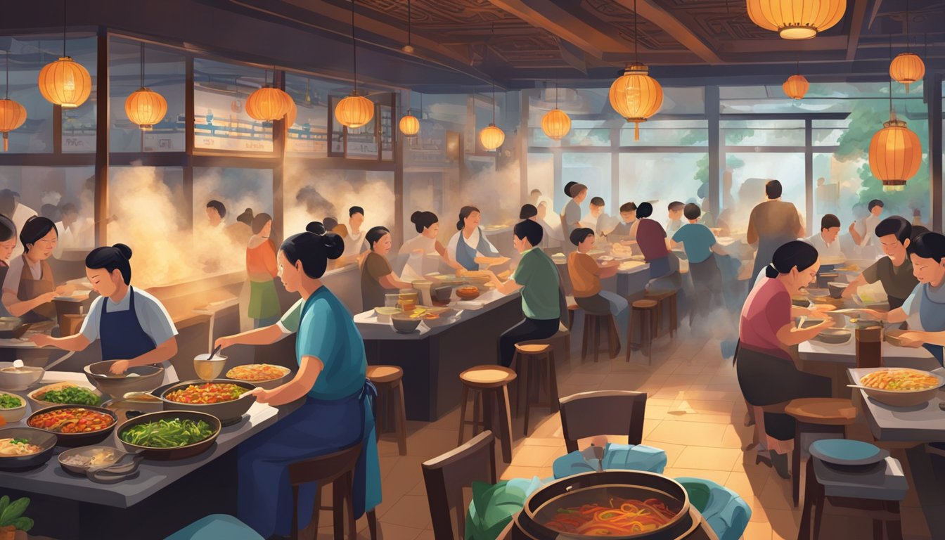 A bustling Chinese restaurant with steaming woks, vibrant ingredients, and diners savoring traditional dishes