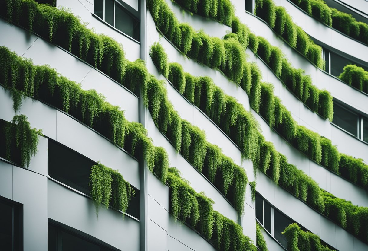 Lush green plants cascade down the walls of a modern office space, creating a vibrant and refreshing atmosphere