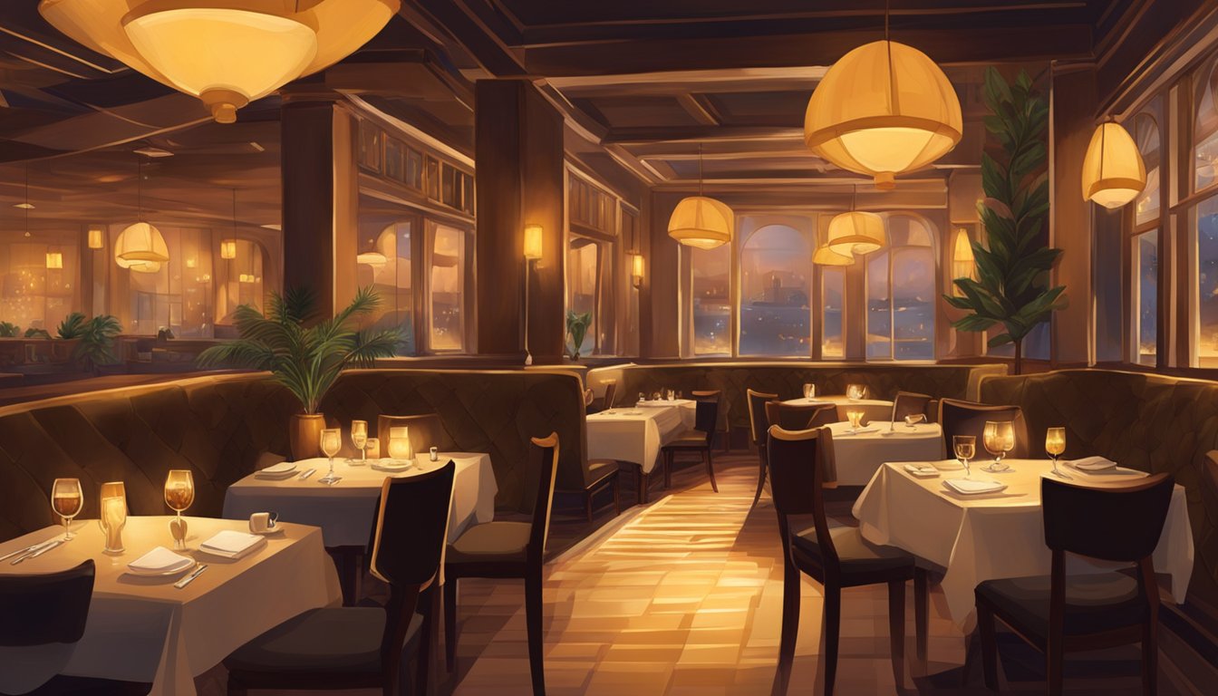 The restaurant is dimly lit with warm, golden hues. Soft jazz music fills the air, creating a cozy and intimate atmosphere. The tables are elegantly set with flickering candles, and the aroma of delicious cuisine wafts through the space