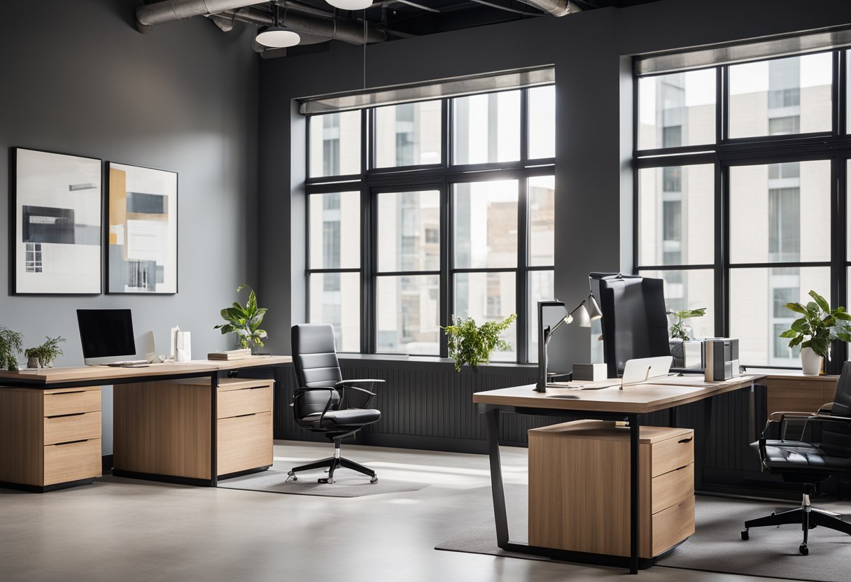 The boutique office features modern furniture, sleek lines, and pops of color. A large window allows natural light to flood the space, highlighting the minimalist decor and creating a bright, inviting atmosphere