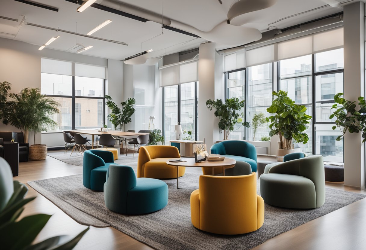 A modern boutique office with sleek furniture, large windows, and vibrant decor. A cozy seating area with plush chairs and a stylish work desk with minimalist accessories