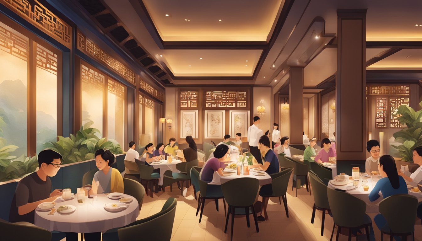 A bustling Chinese restaurant in Ngee Ann City, with diners enjoying traditional dishes amidst elegant decor and ambient lighting