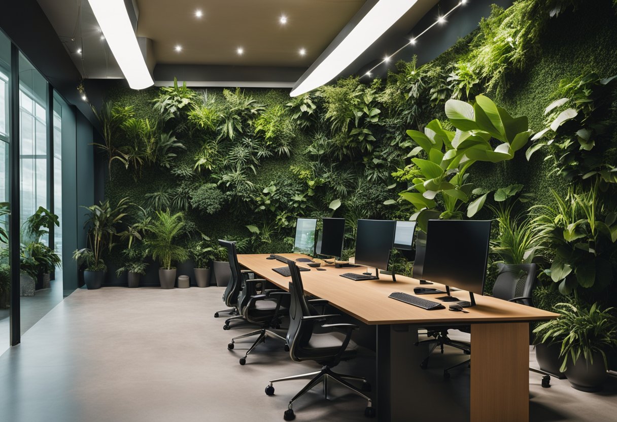 A modern office with a green wall featuring various plants and foliage, creating a vibrant and natural atmosphere