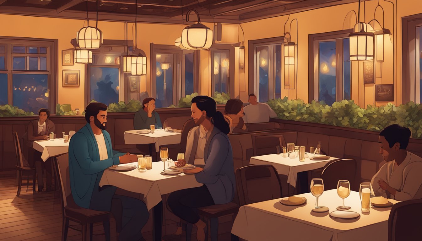 A cozy, dimly lit restaurant with warm, ambient lighting. Soft jazz music plays in the background as patrons enjoy their meals