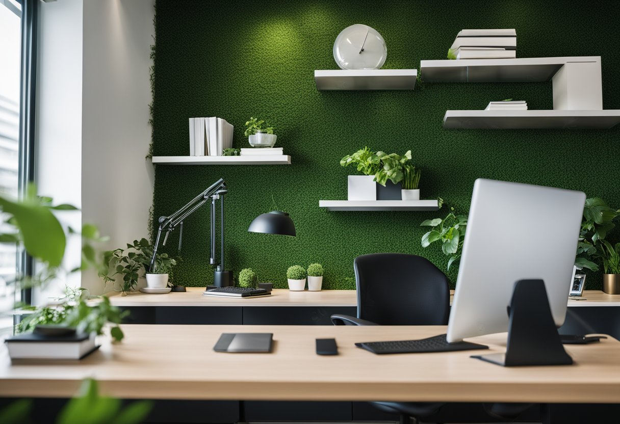 A modern office with a vibrant green wall, clean and organized workspace, and a sleek, professional design