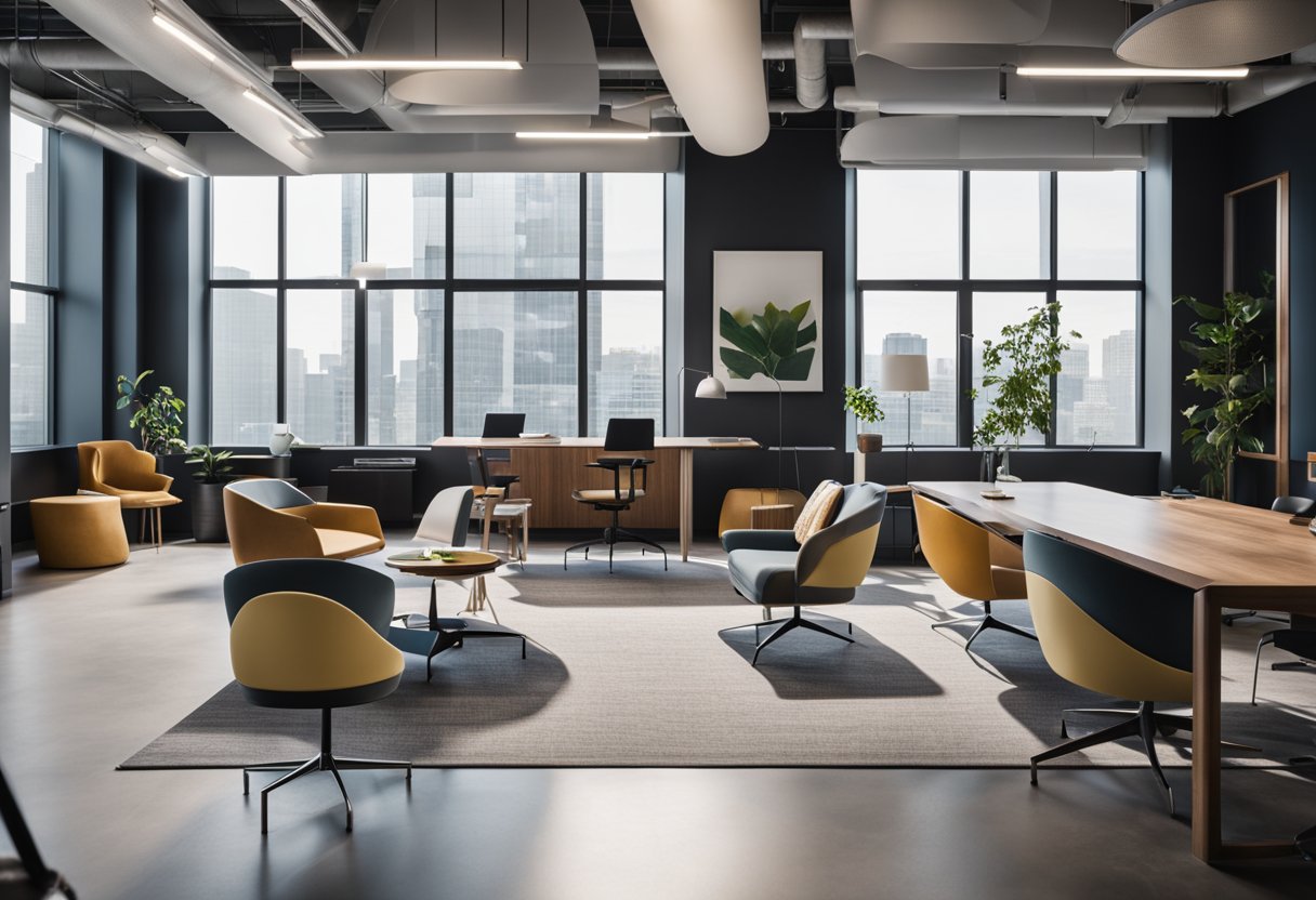 A modern boutique office with sleek furniture, vibrant accent colors, and open floor plan. A reception area with a stylish desk and comfortable seating. Clean, minimalist design with ample natural light